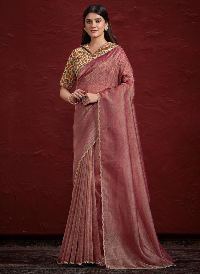 Banarasi Silk Light Maroon Wedding Wear Hand Work Saree ( Stitched Blouse )